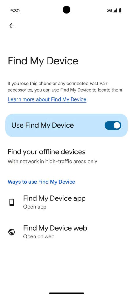 Réseau de batterie Localiser mon appareil Android Pixel 8