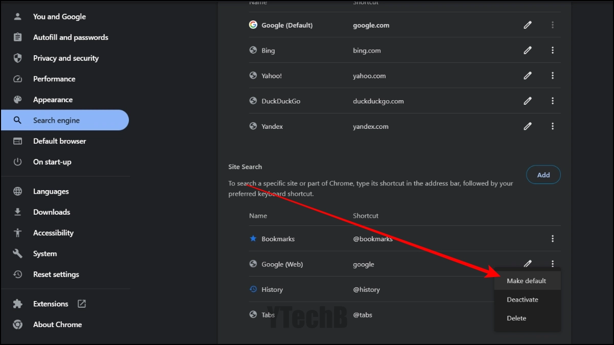 Définir la recherche sur le site par défaut