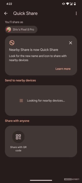 Android code QR Quick Share smartphones