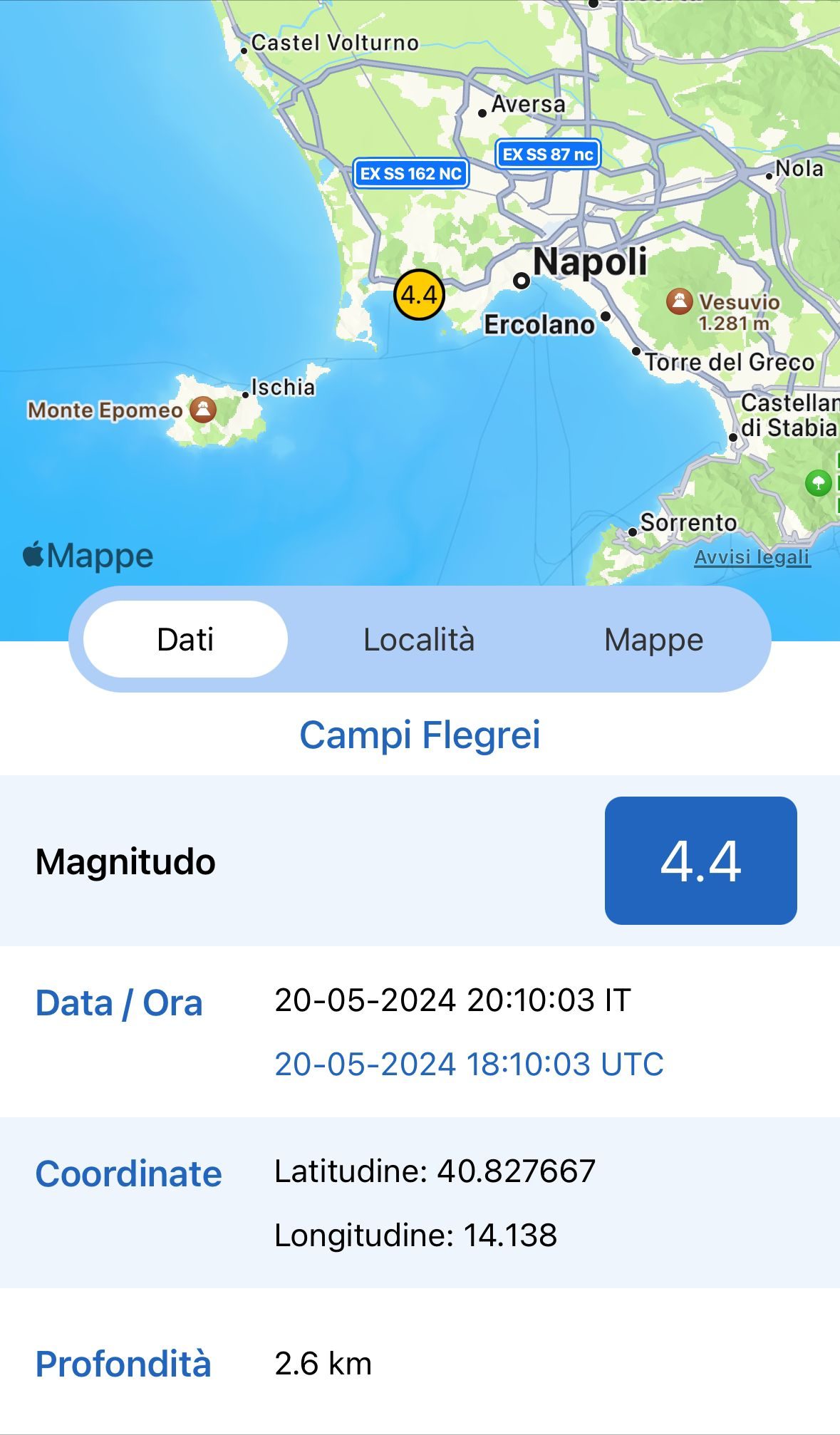 Quelles sont les applications à vérifier pour voir les secousses sismiques en temps réel 3 INGVterremoti | Les données de l'application INGVterremoti sur l'une des secousses enregistrées dans les Champs Phlégréens