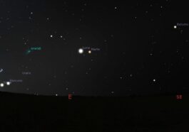Simulazione del raro allineamento del 3 giugno 2024 alle 05:16 ora di Roma. L'atmosfera è stata eliminata per rendere più visibile la posizione dei corpi celesti (il cielo sarà molto più chiaro nella realtà). Credit: Stellarium