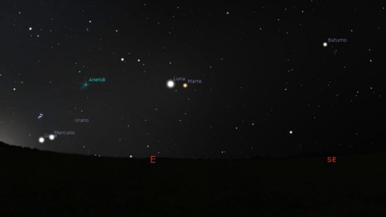 Rare alignement de 6 planètes le 3 juin 2024 : à quelle heure le voir et comment reconnaître les étoiles 1 Simulazione del raro allineamento del 3 giugno 2024 alle 05:16 ora di Roma. L'atmosfera è stata eliminata per rendere più visibile la posizione dei corpi celesti (il cielo sarà molto più chiaro nella realtà). Credit: Stellarium