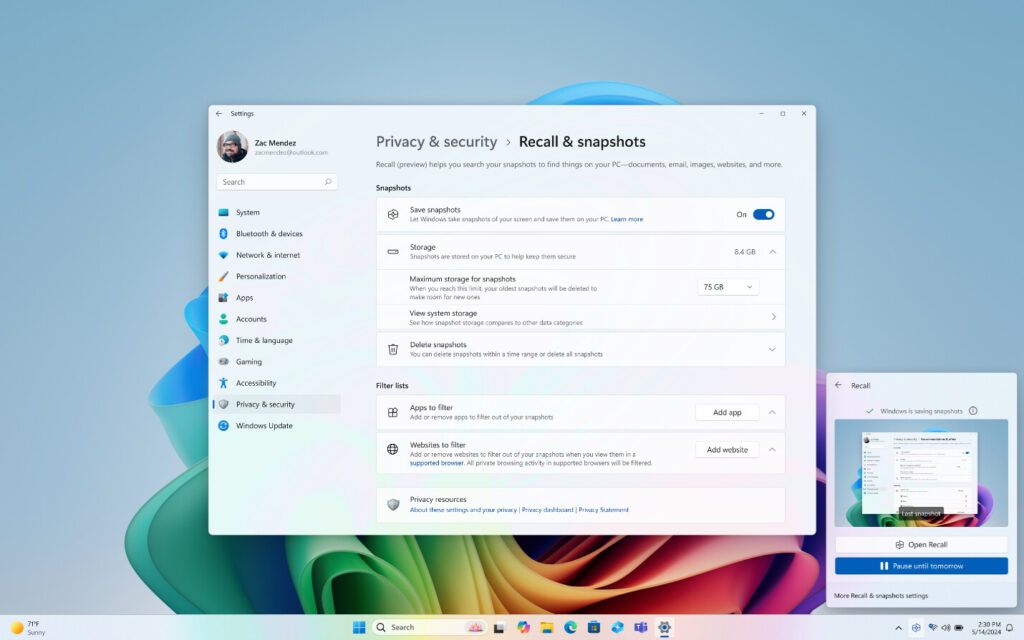 Manque de sécurité permet un accès facile aux données de Recall, la nouveauté de Windows 11 3 Recall Microsoft Windows 11 données sécurité