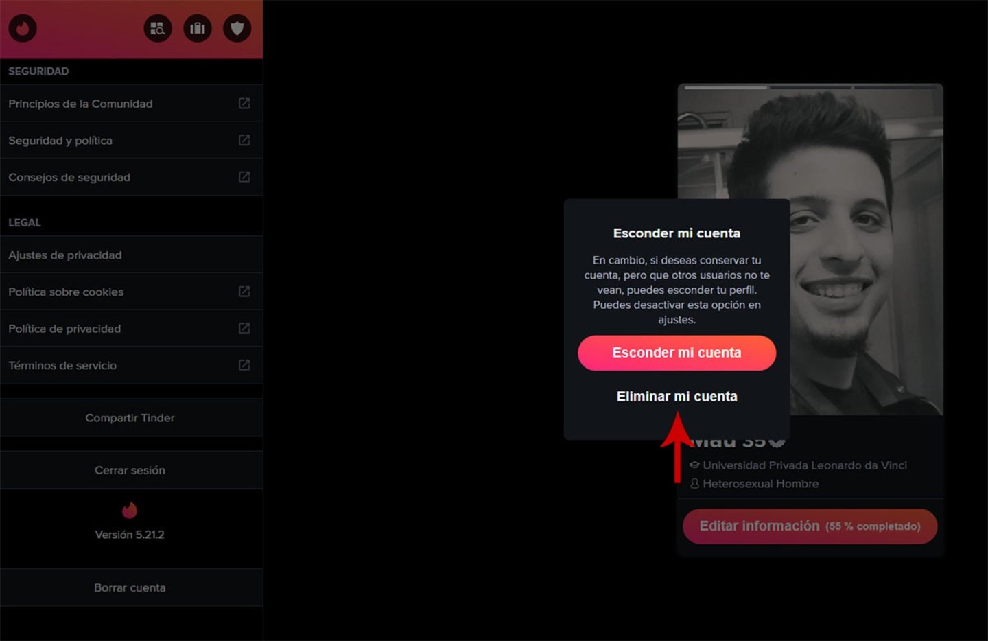 Supprimer mon compte Tinder depuis l'ordinateur