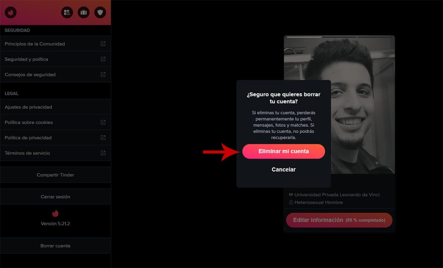 Confirmer la suppression du compte Tinder