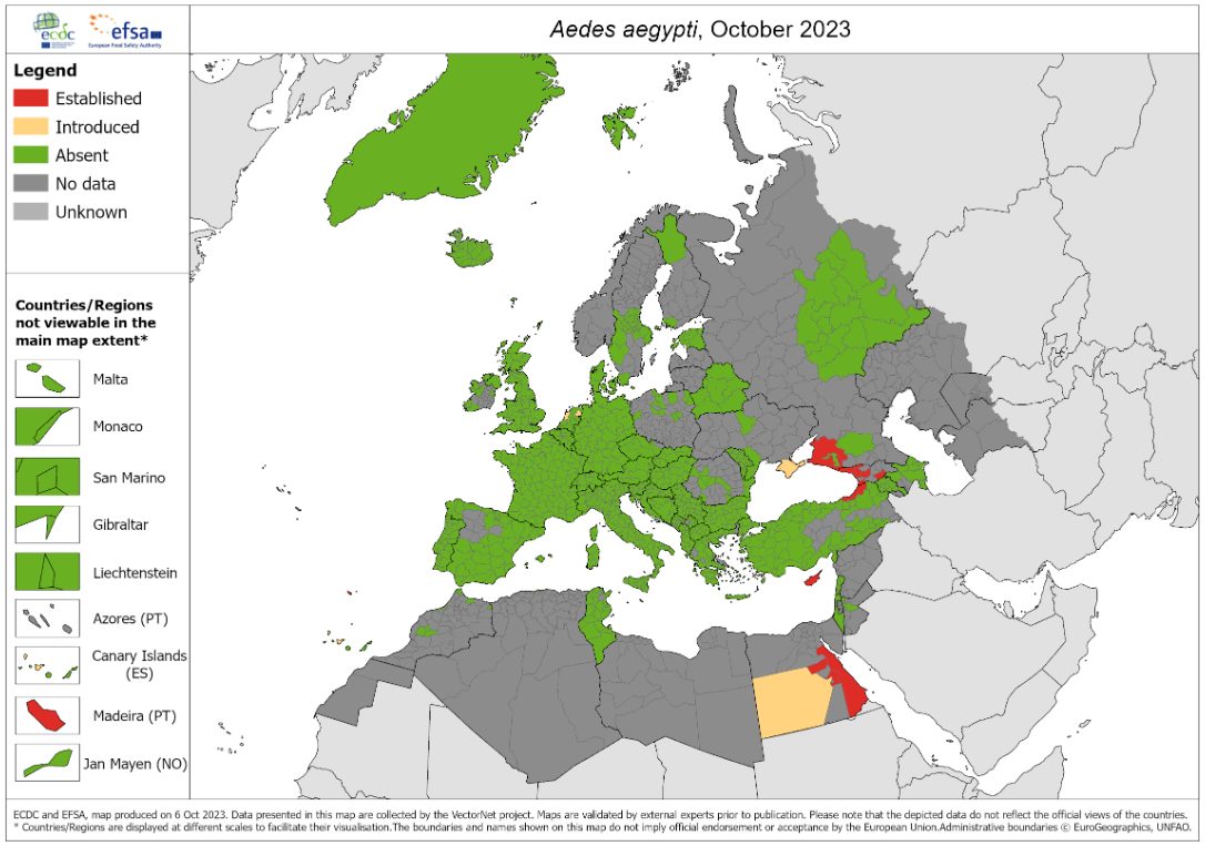 Moustiques en forte augmentation en Europe, le risque de Dengue et de West Nile augmente 4 Diffusione della zanzara della febbre gialla (Aedes aegypti) al 6 ottobre 2023 / Credit: ECDC