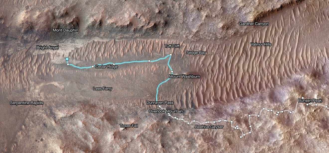 Rocher mystérieux découvert sur Mars: il est blanc et scintillant, différent de tous les autres 4 Il percorso del rover Perseverance. Credit: NASA/JPL-Caltech/Università dell'Arizona