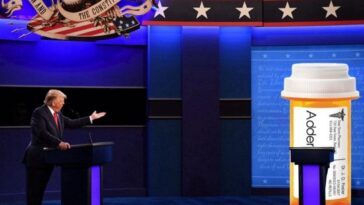 À l'intérieur des chats conspirationnistes : pourquoi dit-on que Biden a été drogué avant le débat télévisé avec Trump 23 Le mème publié par une chaîne conspirationniste américaine. Dans l'image, on voit Donald Trump défier une bouteille de Adderall, un médicament stimulant cognitif