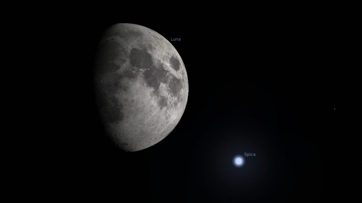 Ce soir, le magnifique "baiser" entre la Lune et l'étoile Spica : visible à l'œil nu 2 Simulation du "baiser" entre la Lune et Spica. Crédit : Stellarium