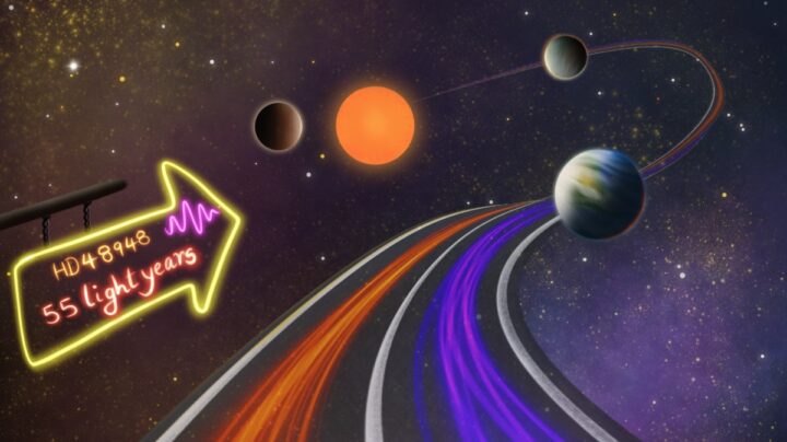 Découverte de 3 superterres ici "si proches, à 55 années-lumière" 2 Illustration d'une superterre exoplanète près de son étoile naine orange