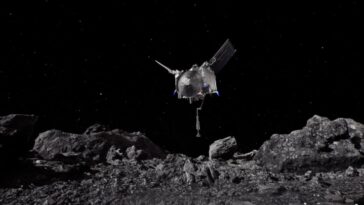 Échantillons de la NASA indiquent que l'astéroïde Bennu aurait pu être un monde océanique 28 Image de la navette OSIRIS-REx de la NASA touchant l'astéroïde Bennu.