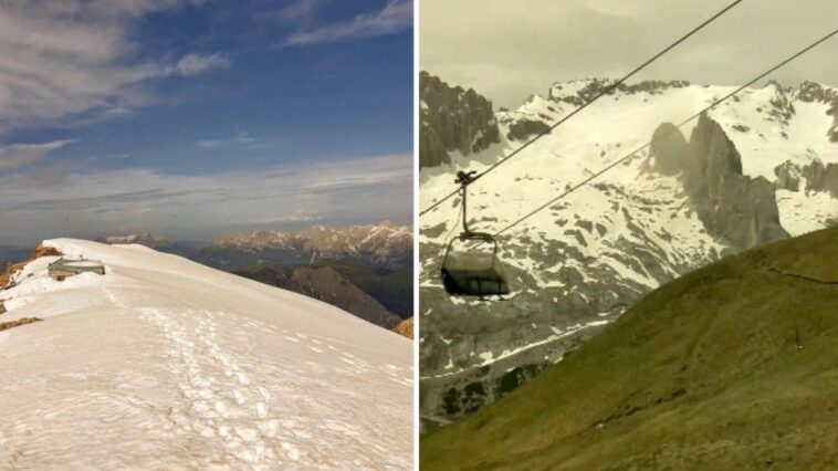 La Marmolada se teinte de jaune: pourquoi le glacier des Dolomites a changé de couleur 1 Immagini dalla Marmolada | Foto esclusiva inviata da Carlo Budel e uno screen dalla webcam sul Passo Padon