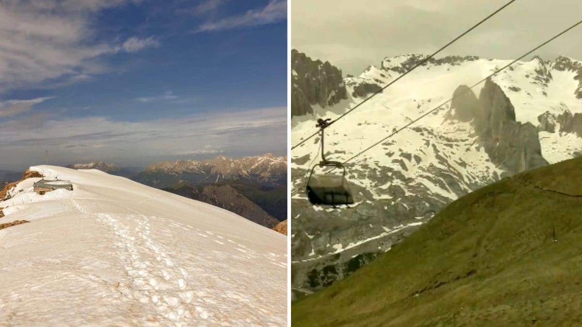 La Marmolada se teinte de jaune: pourquoi le glacier des Dolomites a changé de couleur 2 Immagini dalla Marmolada | Foto esclusiva inviata da Carlo Budel e uno screen dalla webcam sul Passo Padon