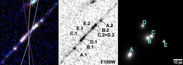 Les "Gemmes Cosmiques" peuvent nous aider à résoudre le mystère de la formation de l'univers 3 a sinistra uno zoom degli ammassi stellari specchiati nell'arco di Gemme Cosmiche; al centro: una versione negativa degli ammassi stellari; a destra: gli ammassi stellari “dietro” la lente gravitazionale / Credit: NASA/ESA.