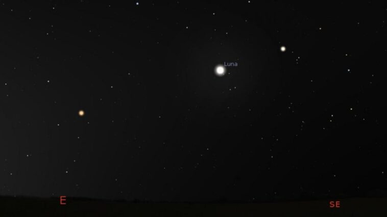 Quels sont les deux gemmes lumineuses près de la Lune samedi 1er juin 2024 et à quelle heure les voir 1 Simulation alignement du 1er juin 2024. Crédit : Stellarium