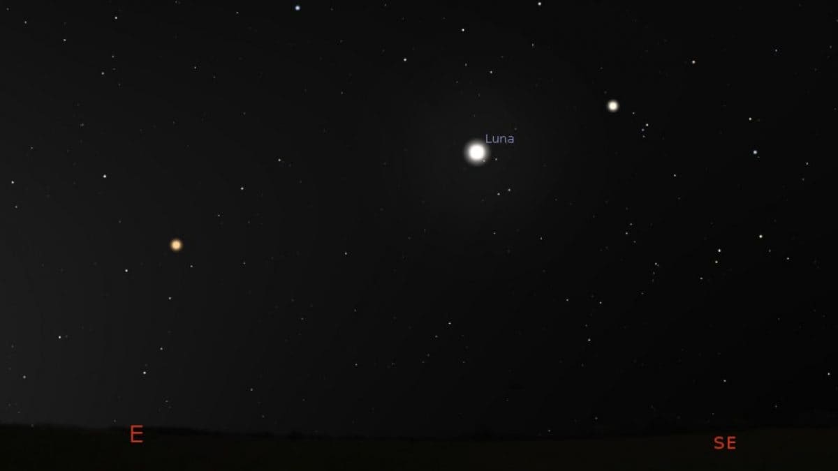 Quels sont les deux gemmes lumineuses près de la Lune samedi 1er juin 2024 et à quelle heure les voir 2 Simulation alignement du 1er juin 2024. Crédit : Stellarium