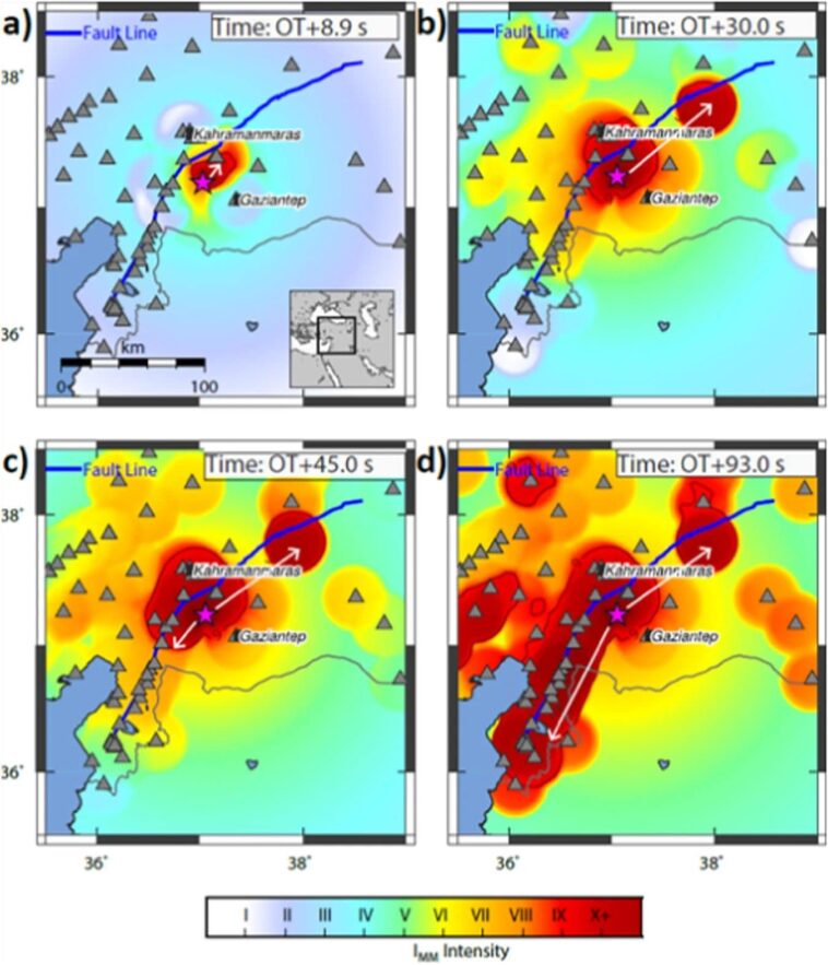 Tremblements de terre, le système d'alerte précoce aurait prévu le séisme qui a frappé la Turquie en 2023 1 Mappe di scuotimento basate sull'onda P del terremoto di Mw 7.8, 6 febbraio 2023 Turchia-Siria, rispetto al tempo dall'origine del sisma / Credit: Rea R. et al. Communications Earth & Environment 2024
