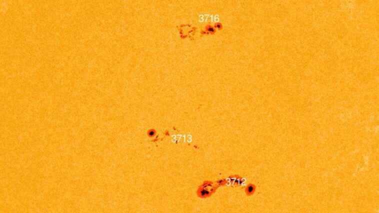 Trois taches solaires dirigées vers la Terre, l'une pouvant déclencher des éruptions de classe X : quels sont les risques 1 Crédit : NASA SDO/HMI