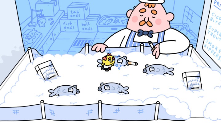 Ce nouveau jeu hilarant est un hommage à l'absurde comédie britannique 3 Un bac à glaçons avec des poissons apparaît dans Thank Goodness You're Here.