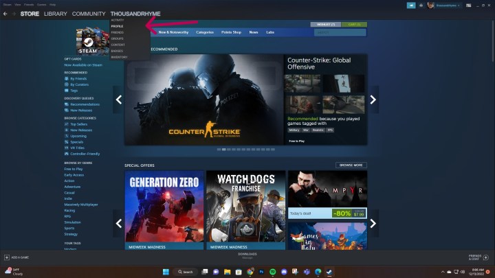 Comment changer votre nom d'utilisateur Steam 3 Page d'accueil du magasin Steam.