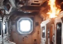 Illustration d'un feu dans l'espace menaçant les astronautes