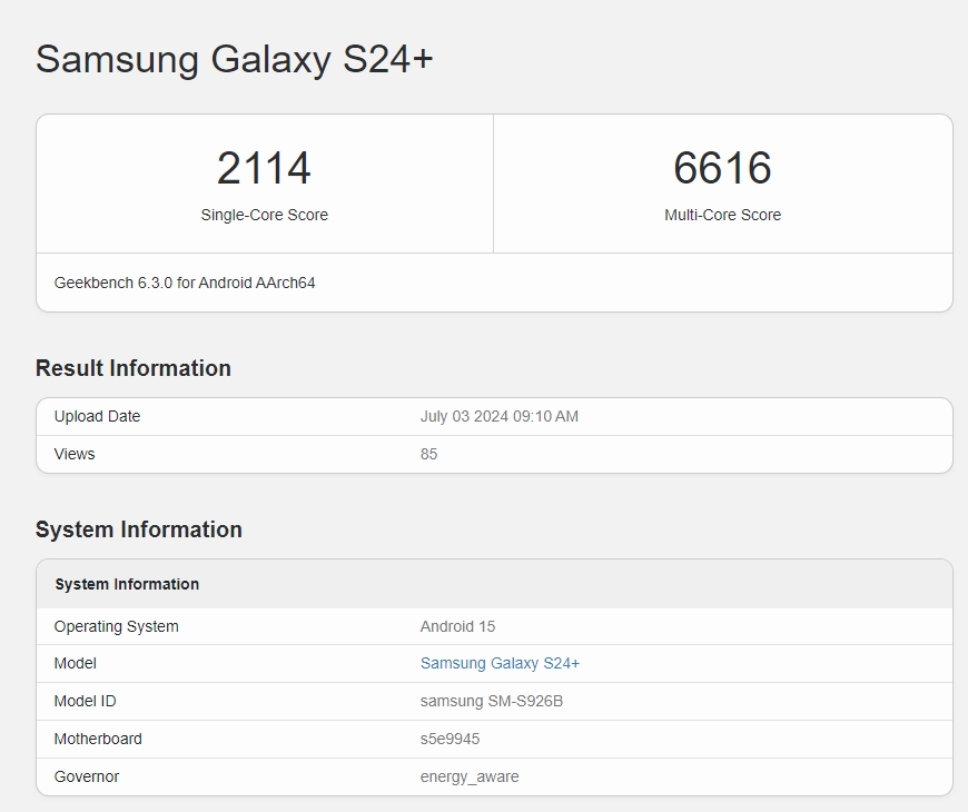 Galaxy S24+ avec One UI 7 et Android 15 repéré sur Geekbench 2 Galaxy S24+ One UI 7 benchmark
