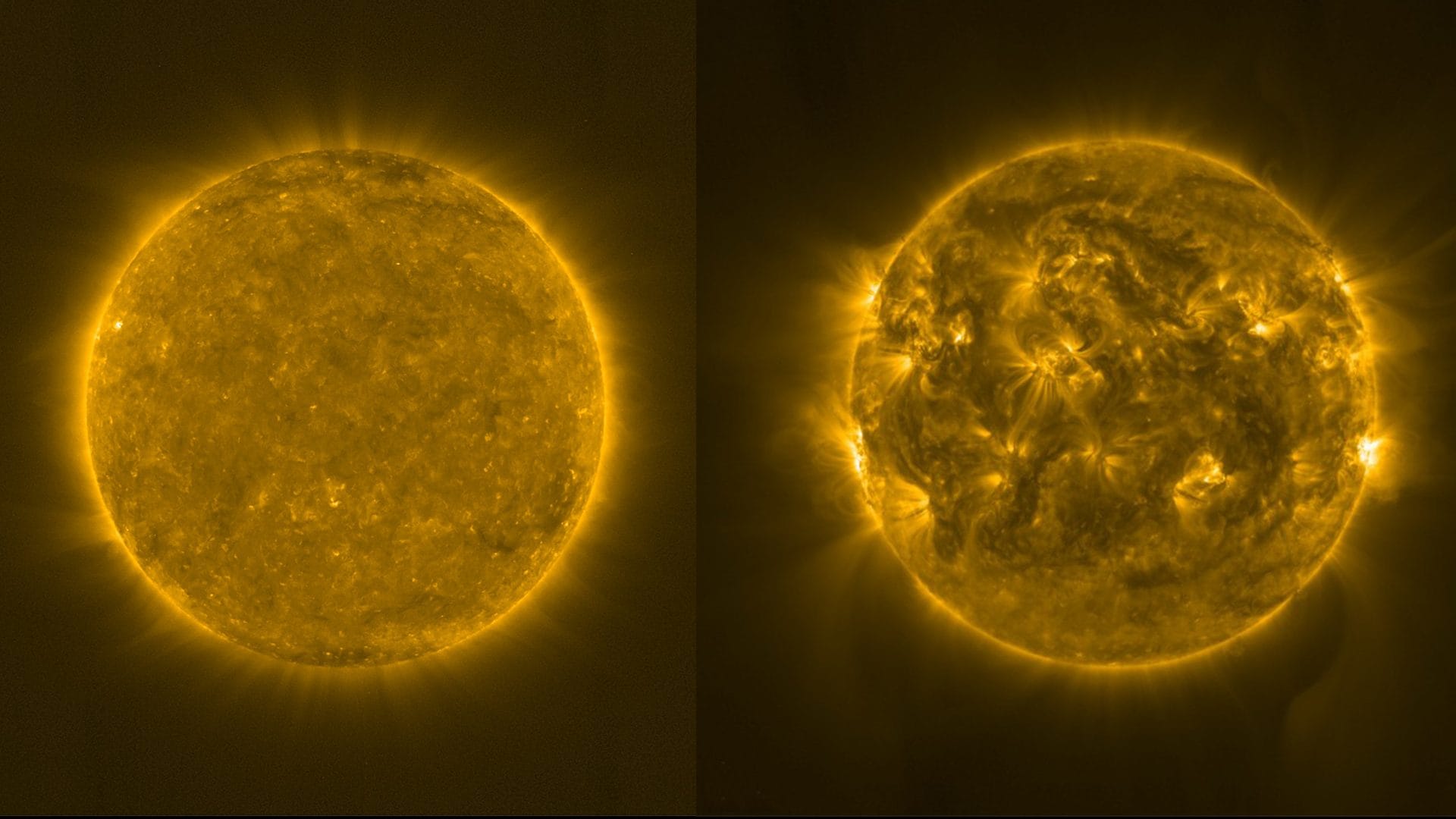 Le Soleil a officiellement atteint le maximum solaire, NASA : "Cela peut durer jusqu'en 2025" 4 À gauche, le Soleil en février 2021, à droite, en octobre 2023. Crédit : ESA & NASA/Solar Orbiter/EUI Team