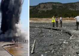 L'explosion hydrothermale à Biscuit Basin dans le Parc National de Yellowstone. Ce type d'événements représente le risque explosif le plus probable du volcan Yellowstone / Crédit : USGS