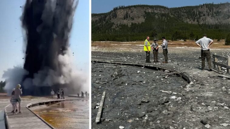 Qu'est-ce qu'une explosion hydrothermale et quelle est la cause de l'événement éruptif soudain à Yellowstone 1 L'explosion hydrothermale à Biscuit Basin dans le Parc National de Yellowstone. Ce type d'événements représente le risque explosif le plus probable du volcan Yellowstone / Crédit : USGS
