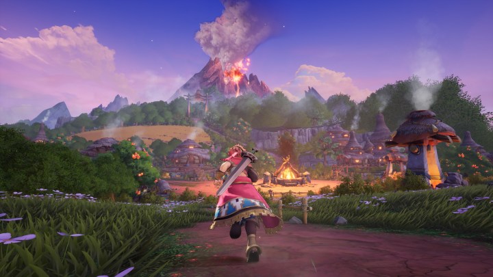 Quoi de neuf en août 2024 : 7 jeux à venir à jouer ce mois-ci 7 Un garçon brandissant une épée se précipite vers un village rural pendant qu'un volcan entre en éruption en arrière-plan dans Visions of Mana.