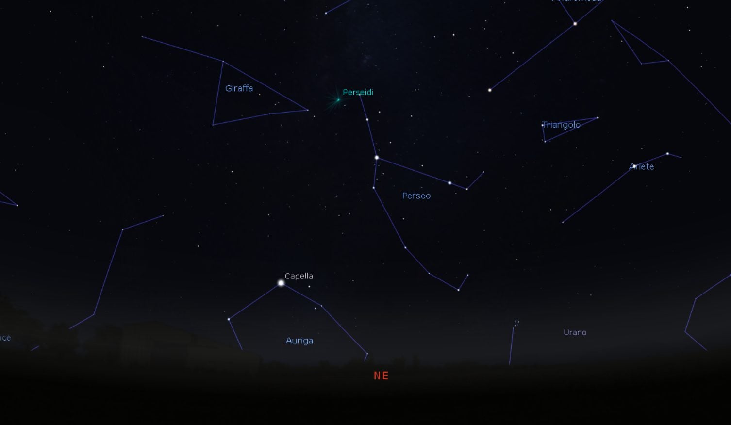 Quand voir les étoiles filantes la nuit de San Lorenzo 2024 : dates et heures du pic 6 La position du radiant des Perséides dans la nuit entre le 11 et le 12 août 2024. Crédit : Stellarium