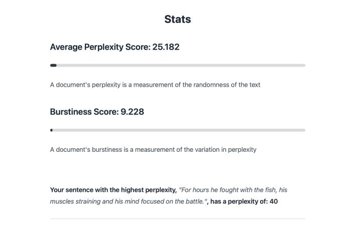 GPTZero : comment détecter le plagiat de ChatGPT 4 L'évaluation des textes par GPTZero inclut des statistiques de perplexité et de variabilité.
