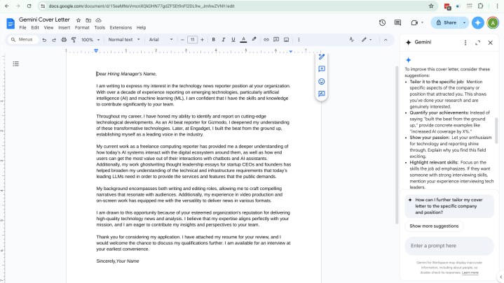 Comment utiliser Gemini AI pour écrire quoi que ce soit dans Google Docs 4 Gemini AI a écrit une lettre de motivation