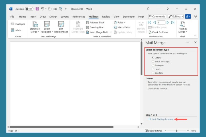 Types de documents de l'Assistant de publipostage dans Word.