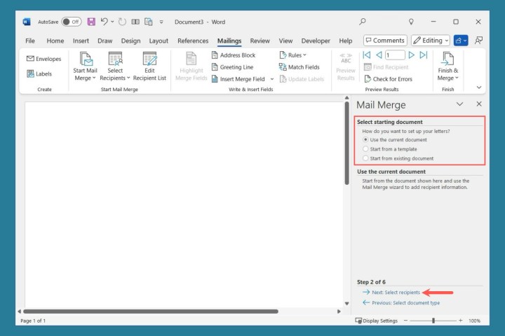 Sélection du document actuel ou d'un modèle dans l'Assistant de publipostage de Word.