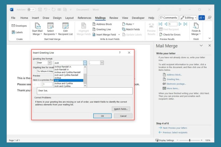 Options de formatage de ligne de salutation dans Word.