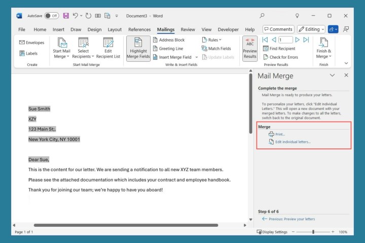 Options d'impression ou de modification dans l'Assistant de publipostage de Word.