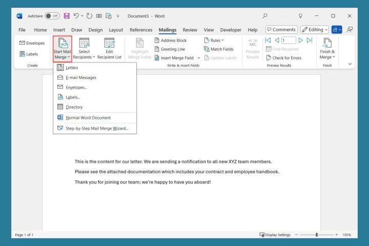 Menu Start Merge dans l'onglet Mailings de Word.
