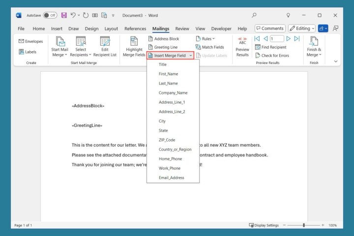 Menu d'insertion d'un champ de publipostage dans Word.