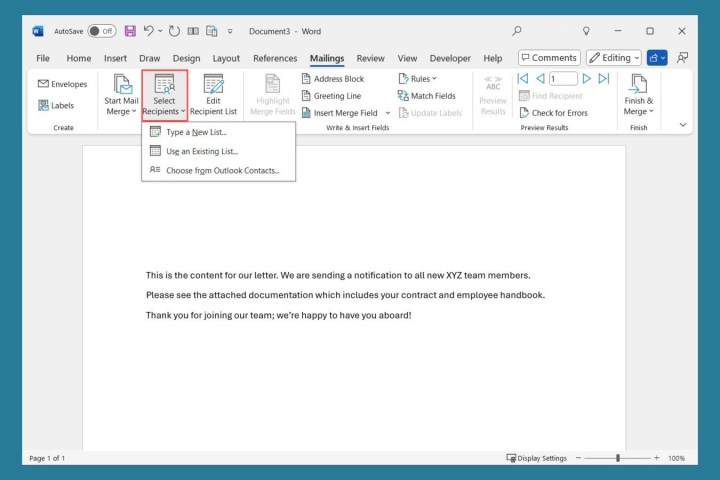 Sélection des destinataires dans l'onglet Mailings de Word.