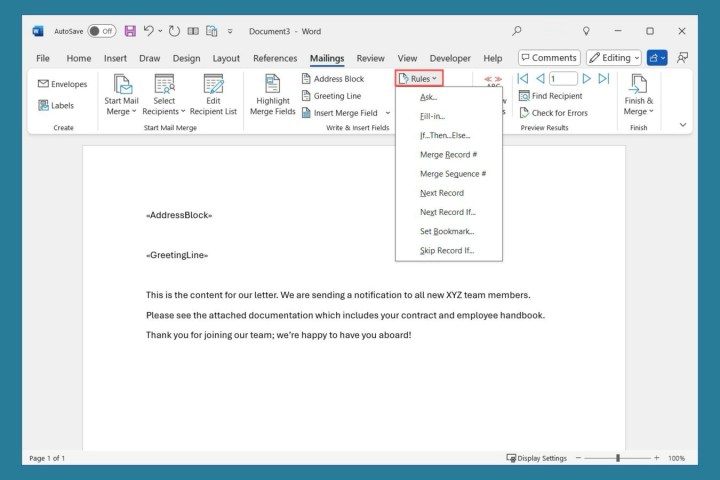 Règles de publipostage dans Word.