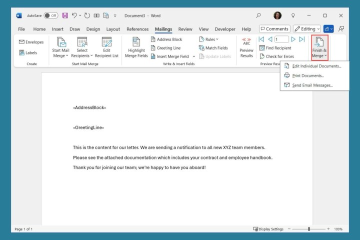 Terminer et fusionner sur l'onglet Mailings de Word.