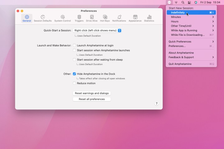 Meilleures applications Mac pour 2024 : meilleur logiciel pour votre Mac 4 L'application Amphetamine montrant ses éléments de barre de menu et sa fenêtre de préférence.