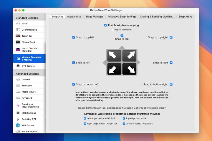 Meilleures applications Mac pour 2024 : meilleur logiciel pour votre Mac 10 La page des paramètres de l'application BetterTouchTool, montrant les options de découpage et de déplacement des fenêtres.