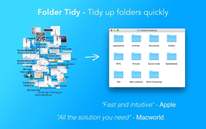 Meilleures applications Mac pour 2024 : meilleur logiciel pour votre Mac 14 Image promotionnelle pour Folder Tidy Mac montrant ses capacités.