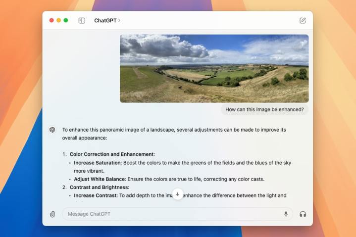 Meilleures applications Mac pour 2024 : meilleur logiciel pour votre Mac 11 L'application ChatGPT sur macOS, avec des suggestions montrées pour améliorer une photo.