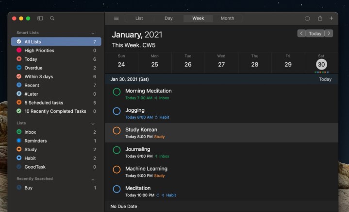 Meilleures applications Mac pour 2024 : meilleur logiciel pour votre Mac 15 L'application GoodTask montrant une sélection de rappels sur l'écran principal.