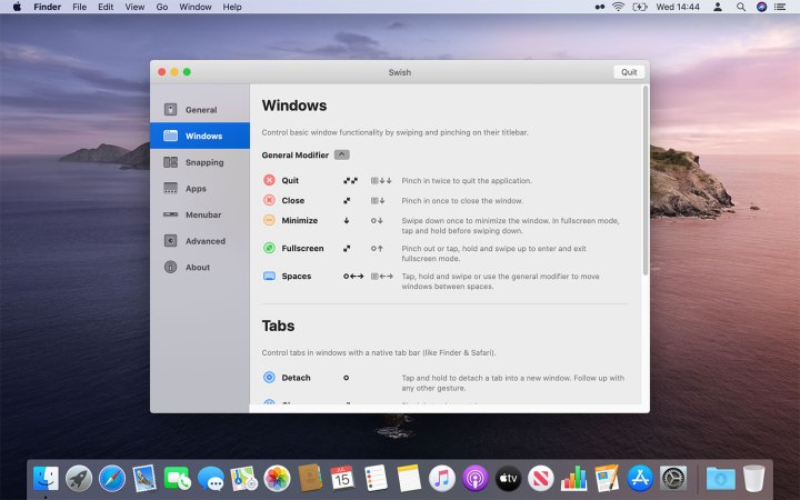 Meilleures applications Mac pour 2024 : meilleur logiciel pour votre Mac 27 Options du macOS pour l'application Swish, permettant d'exécuter diverses actions par un geste sur le trackpad.