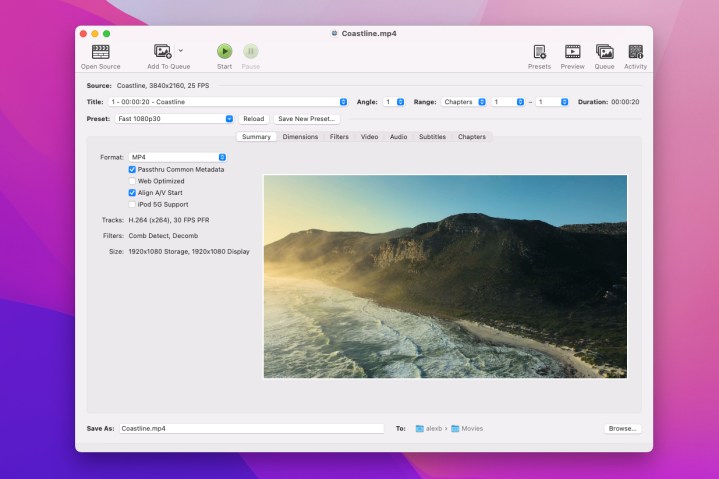 Meilleures applications Mac pour 2024 : meilleur logiciel pour votre Mac 33 L'application HandBrake Mac avec une vidéo chargée et prête à être rendue.