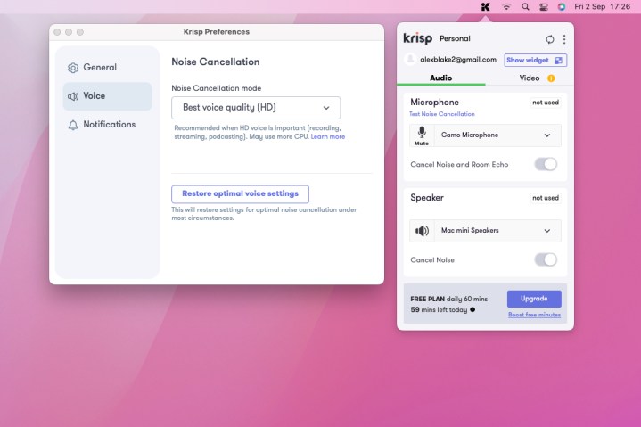 Meilleures applications Mac pour 2024 : meilleur logiciel pour votre Mac 39 L'application Krisp montrant les réglages de la barre de menu et sa fenêtre de préférence.